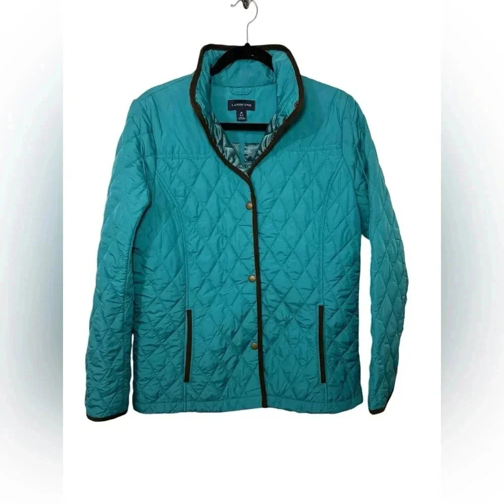 Lands' End Women's Teal Blue Brown Trim Quilted Snap Button Barn Jacket Size Med